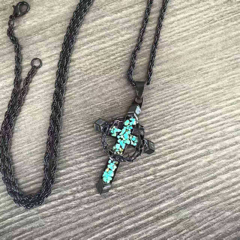 Thorn Wrapped Turquoise Gem Black Cross Pendant Necklace, Street Style Men’s Chain