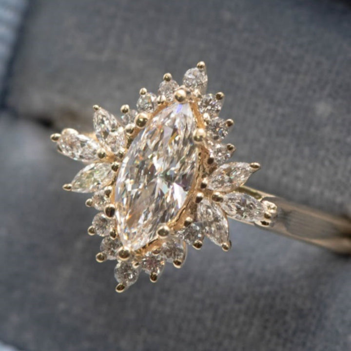 Luxurious marquise-cut diamond ring; elegant women&