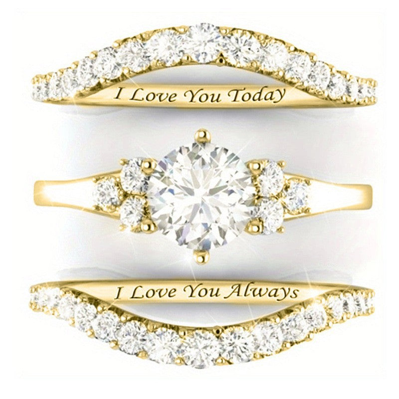 Round Diamond Engraved 3-Piece Bridal Stack Ring, Personalized "I Love You Today Tomorrow Always" Promise Ring