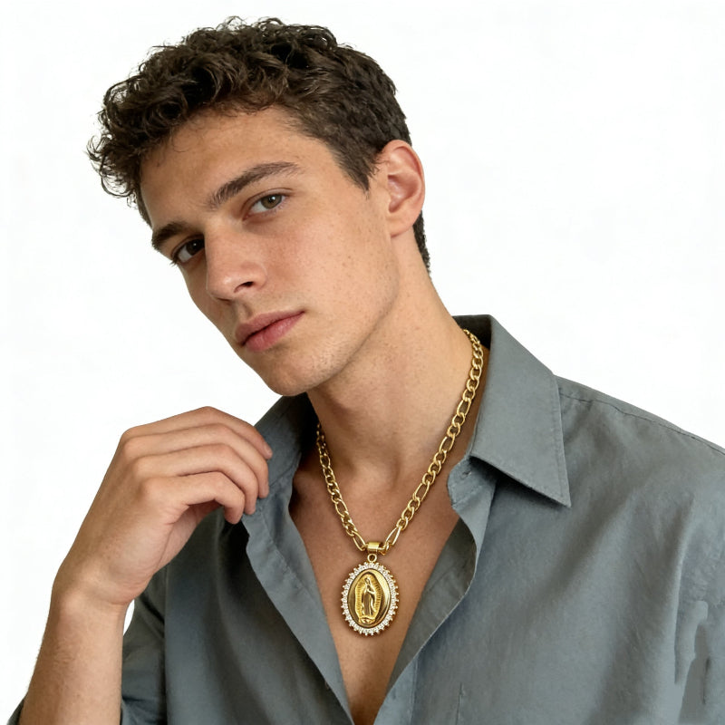 Oval Medallion Diamond‑Border Pendant Necklace, Gold Tone Figaro Chain