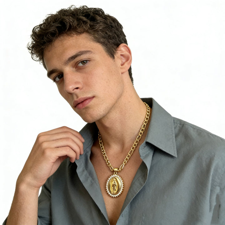 Oval Medallion Diamond‑Border Pendant Necklace, Gold Tone Figaro Chain
