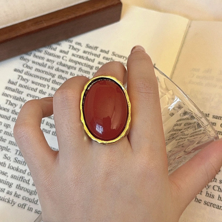 Vintage Hammered Frame Oval Gem Statement Ring, Bold Retro Large Stone Gold‑Tone Open Ring