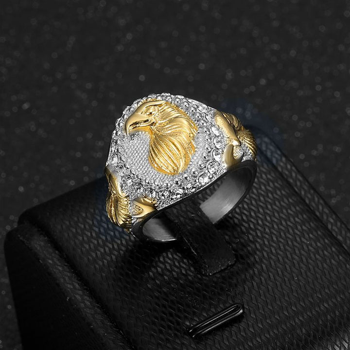 Carved Eagle Head Signet Ring, Pave‑Set Diamond Halo Men Statement Ring, Two Finish Options