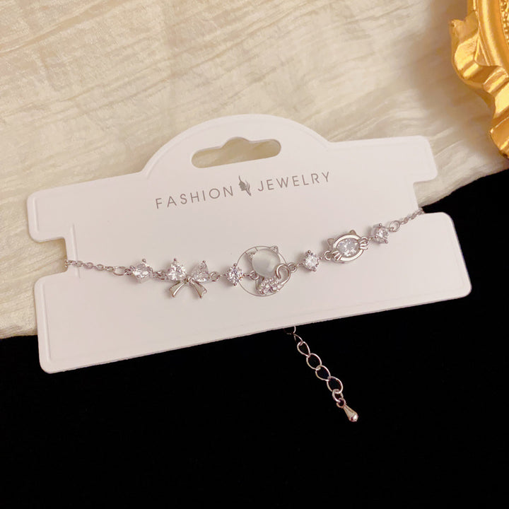 Cute Cat & Bow Diamond Chain Bracelet, Adjustable Dainty Wrist Jewelry in Gold & Silver Tone for Women