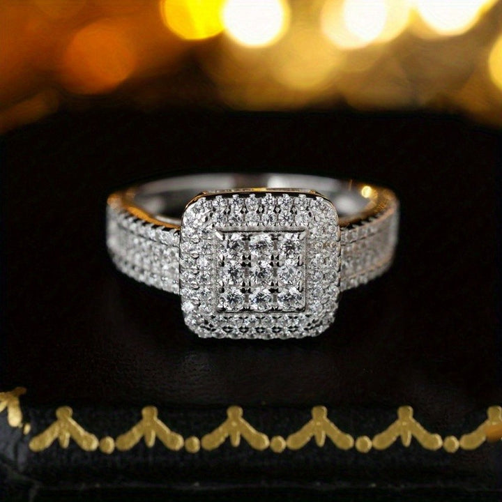 Square Double Halo Pave Diamond Statement Ring, Luxury Cocktail Engagement Wedding Finger Jewelry