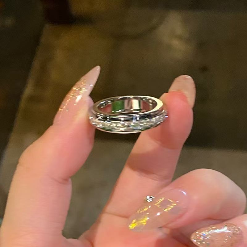 Rotating Ring Paved Clear Diamond Band, 3 Tone Minimal Thin Wedding Statement Ring