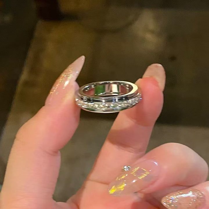 Rotating Ring Paved Clear Diamond Band, 3 Tone Minimal Thin Wedding Statement Ring
