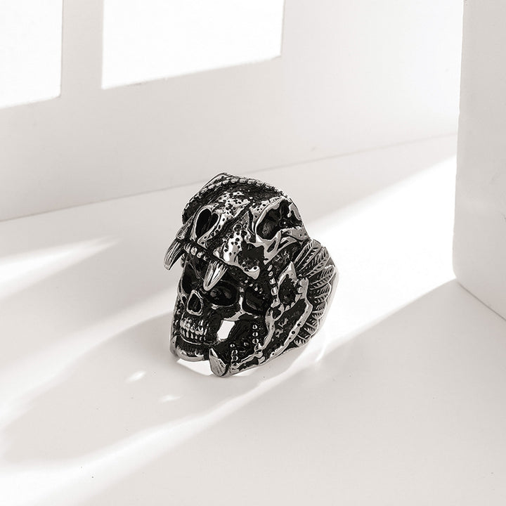Vintage Carved Skull Totem Men’s Closed Band Ring, Distressed Punk-Style Ring