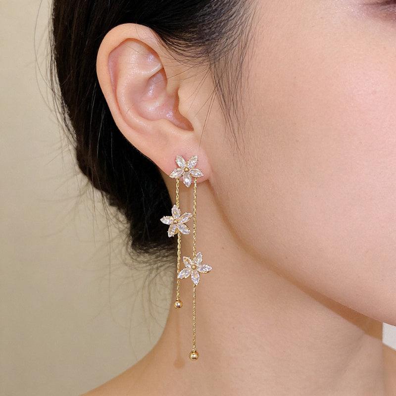 Three-Flower Diamond Long Tassel Drop Earrings, Elegant Slimming Face Chain Dangle Earrings for Women