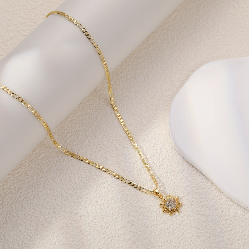 Pave‑Set Diamond Sun Pendant Necklace, Dainty Figaro Chain Necklace in Gold‑Tone &amp; Silver‑Tone