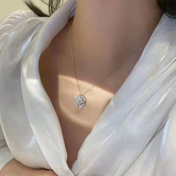 2-in-1 Convertible Clover Double Layer Heart Diamonds Necklace 2-Tone For Women