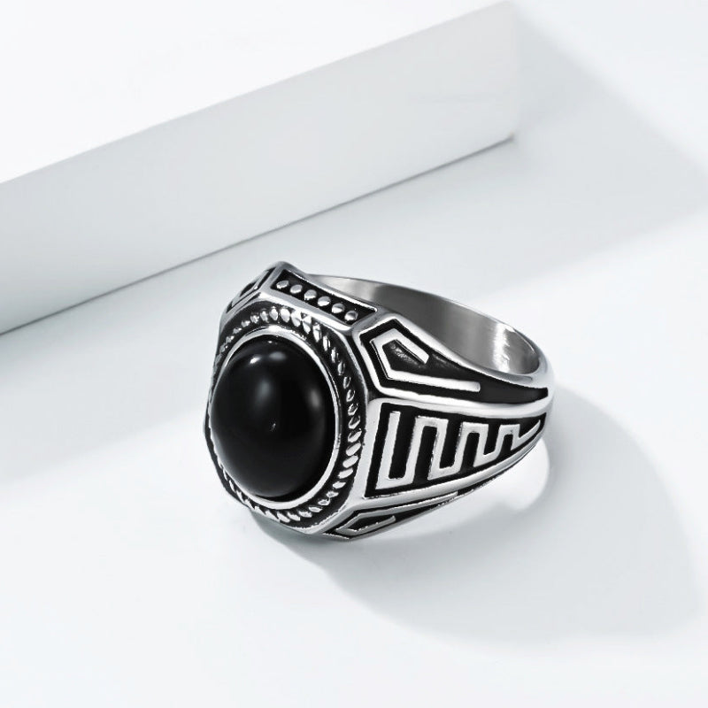 Vintage Geometric Pattern Signet Ring with Round Black Gemstone, Men’s Statement Ring