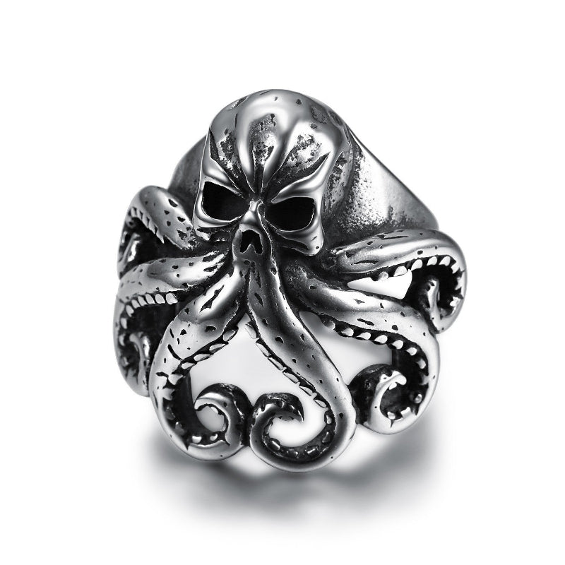 Gothic Skull Octopus Open Adjustable Statement Ring, Retro Deep‑Carved Sea‑Monster Punk Men’s Ring