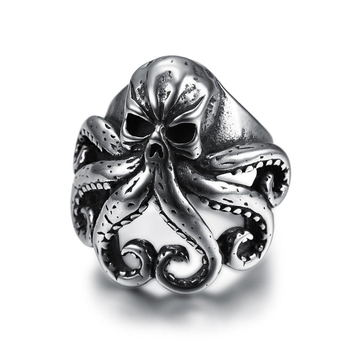 Gothic Skull Octopus Open Adjustable Statement Ring, Retro Deep‑Carved Sea‑Monster Punk Men’s Ring