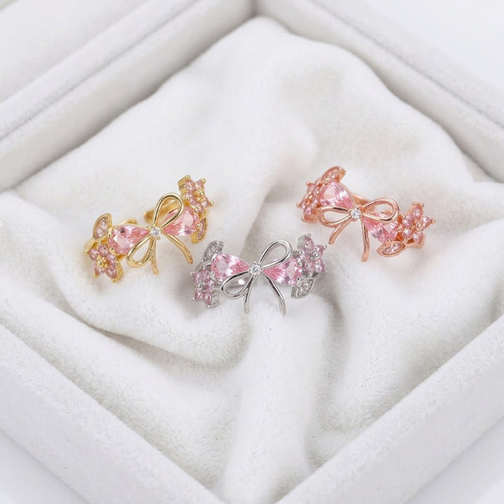 Floral & Bow Diamond Statement Rings, Tone Romantic Whimsical Adjustable open design