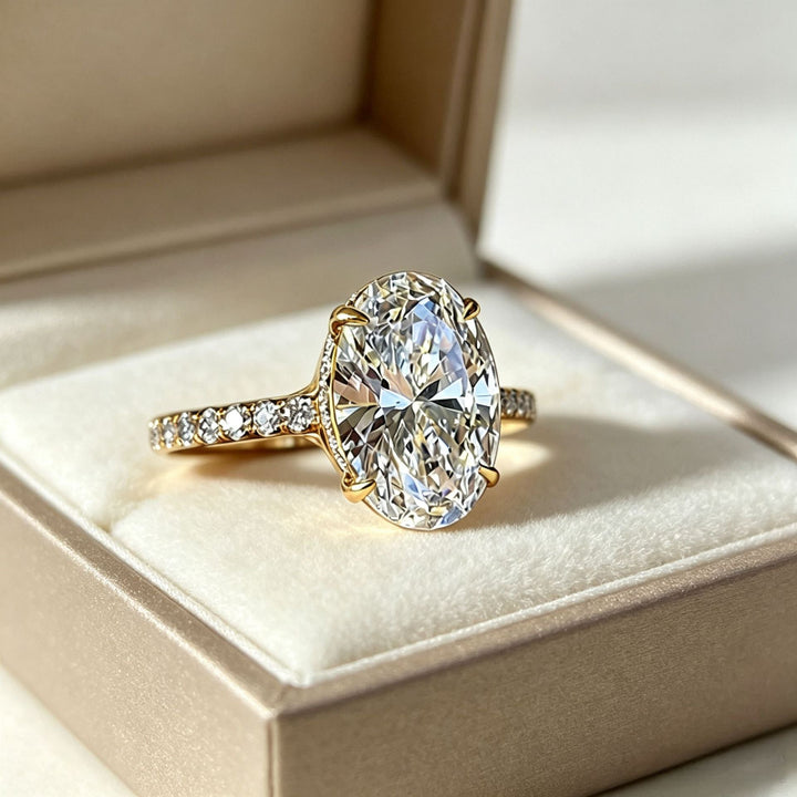 4-Prong Oval Diamond Pave Band Engagement Ring, Gold Silver Dainty Bridal Statement Ring