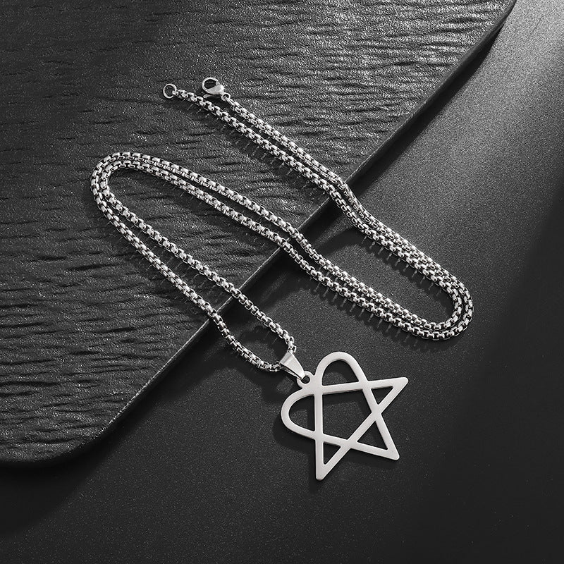 Minimal Hollow Heart Pentagram Pendant Necklace, Gothic Statement Necklace for Men Women