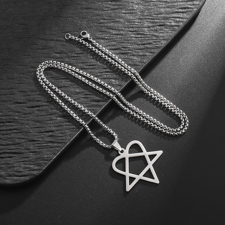 Minimal Hollow Heart Pentagram Pendant Necklace, Gothic Statement Necklace for Men Women