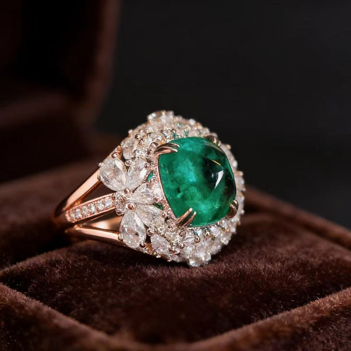 Cushion Emerald Halo Floral Cocktail Ring, 3-Tone Luxury Gem Statement Ring For Women