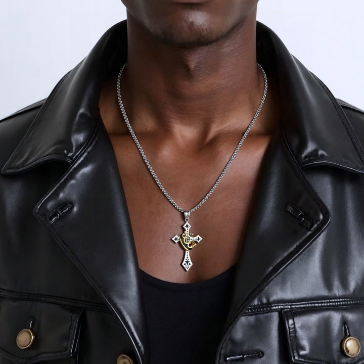 Rotating Crown and Cross Pendant Necklace; Vintage-Style, Non-Fading Clavicle Chain for Men