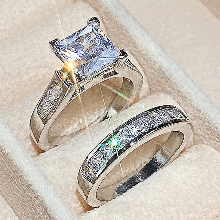 Princess‑Cut Diamond Two‑Piece Wedding Ring Set, 2‑Tone Available
