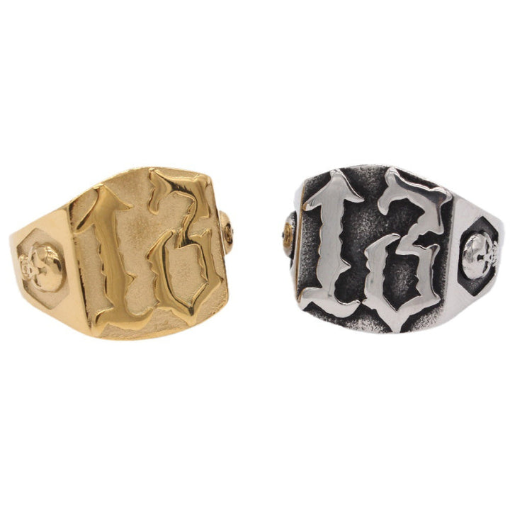Vintage Carved Skull Side Signet Ring, Retro Biker Punk Men’s Statement Ring