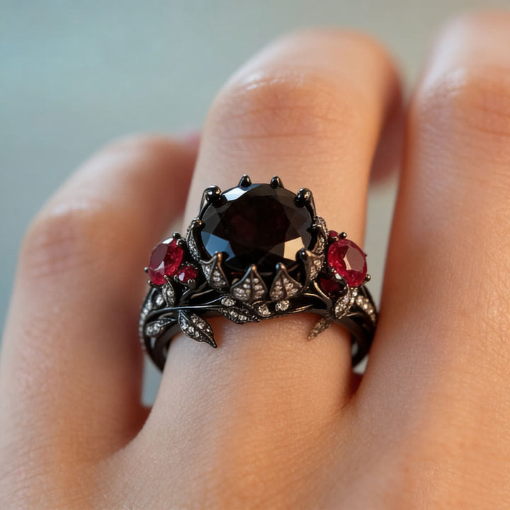 Dark Floral Multi‑Gemstone Gothic Statement Ring, Two-Tone Vintage Floral Ring