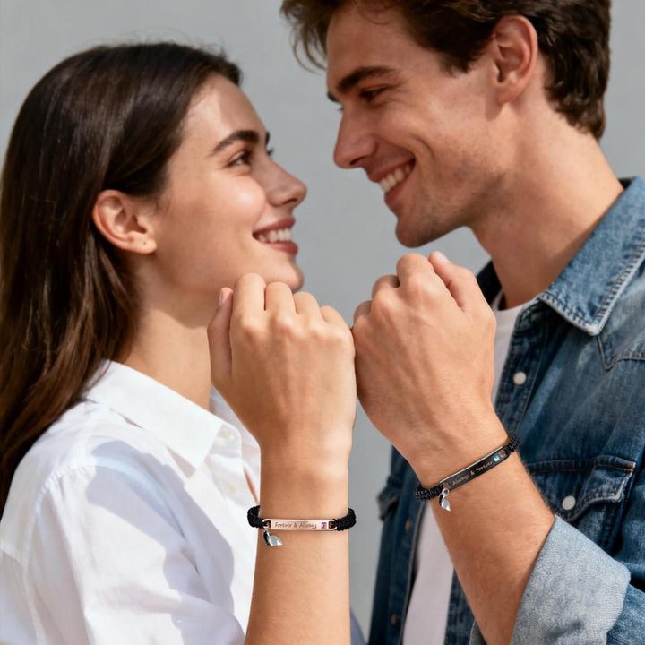 Couple Matching Bracelet Set, Magnetic Heart Charm Braided Wristband with Engraved Words