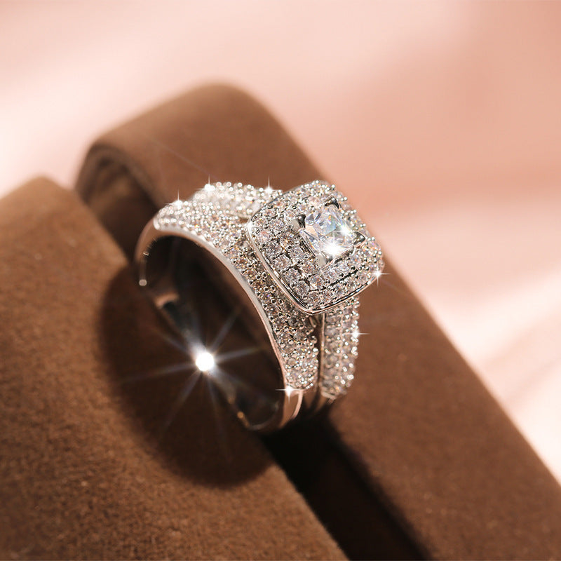 Square Double Halo Stackable Ring Set, Full Pave Eternity Matching Bridal Band Kit