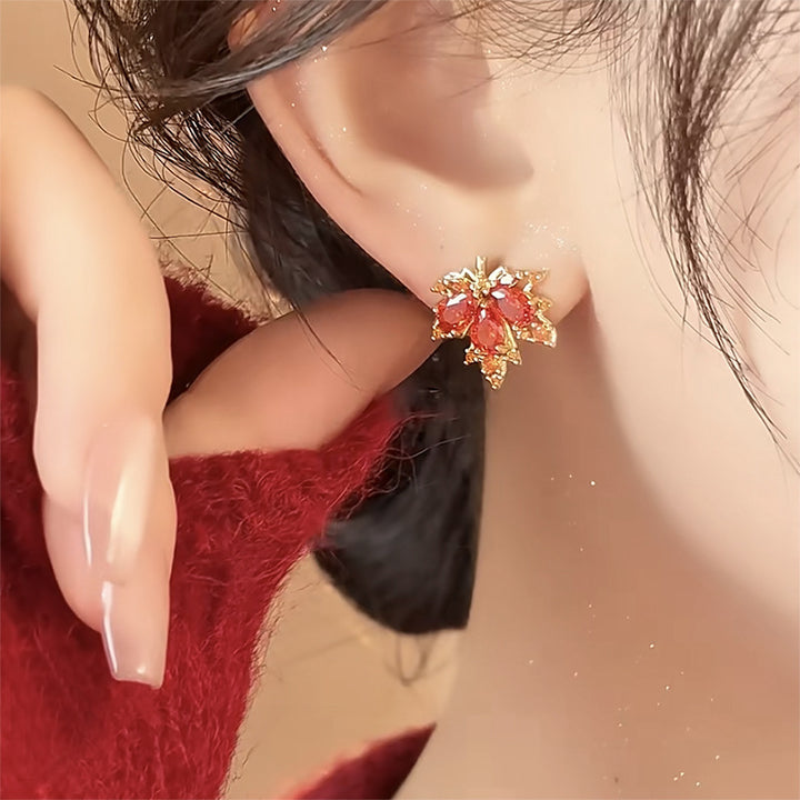 Sparkling Maple Leaf Jewelry Set, Red Stone Leaf Earrings &amp; Pendant Necklace for Women