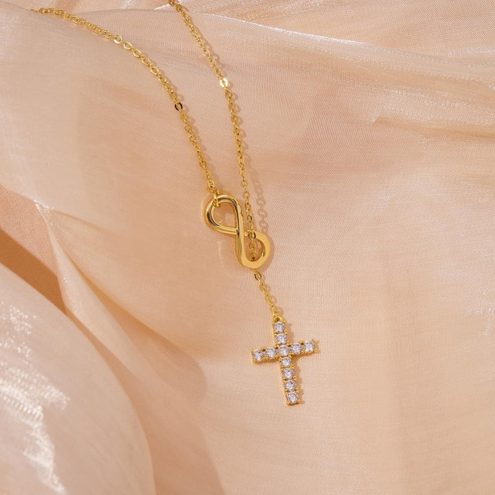 Infinity Y‑Drop Cross Necklace, Dainty Lariat Necklace With Paved Diamond Cross Pendant