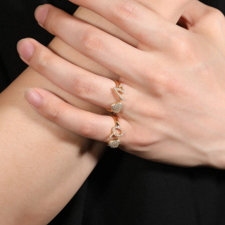 26‑Letter Open Cuff Ring, Paved Diamond Initial &amp; Heart Adjustable Statement Ring