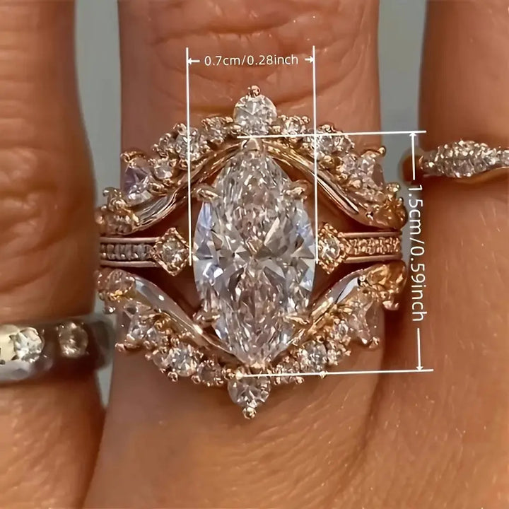 Marquise Cut Diamond Ring Set, 14K Gold Vintage Floral Stacking Bridal Ring