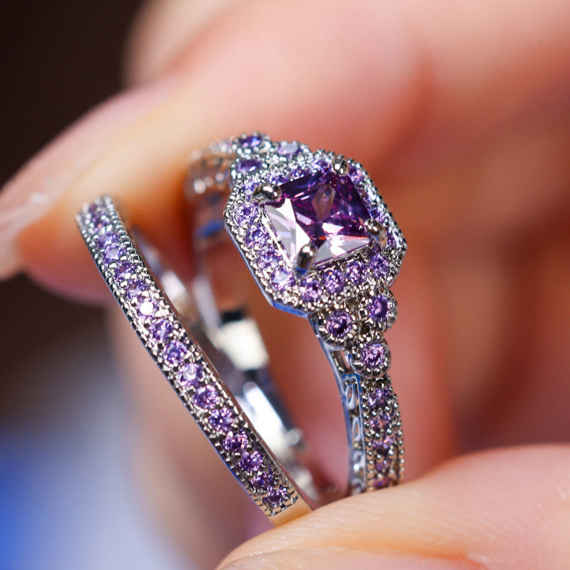 Cushion Cut Halo Bridal Ring Duo, Vintage Pave Stackable Stackable rings