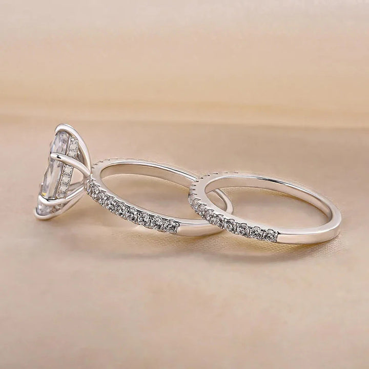 Marquise Diamond Dual Row Pave Bridal Ring Set, Silver Stackable Wedding Duo