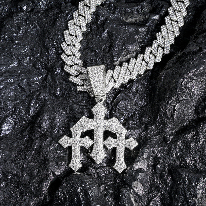 Iced Out Cross Pendant Necklace, Full Diamond Cuban Chain Hip Hop Statement Jewelry in Gold & Silver Tone