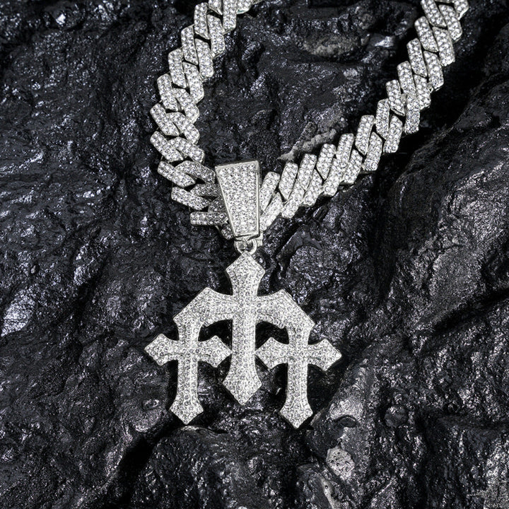 Iced Out Cross Pendant Necklace, Full Diamond Cuban Chain Hip Hop Statement Jewelry in Gold & Silver Tone