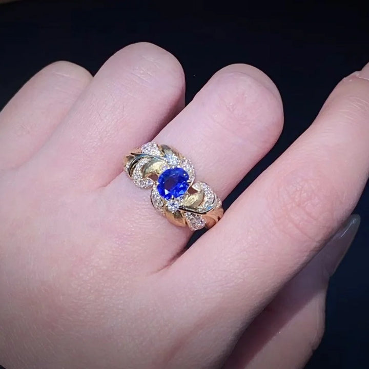 Vintage Leaf Oval Blue Gemstone Ring, Adjustable Open Statement Ring for Women