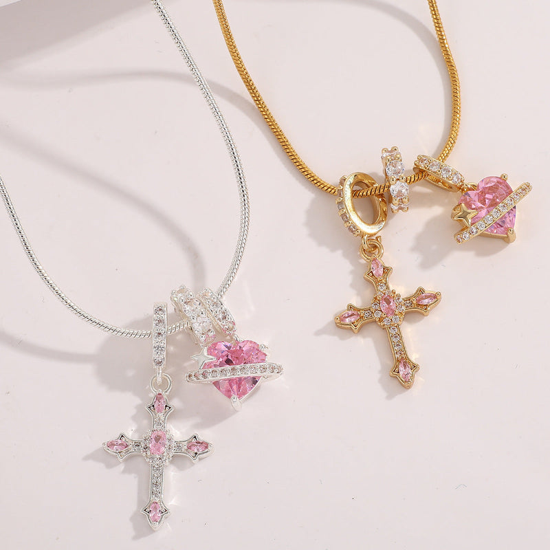 Y2K Pink Diamond Cross &amp; Heart Charm Snake Chain Necklace, Removable Multi‑Pendant Necklace
