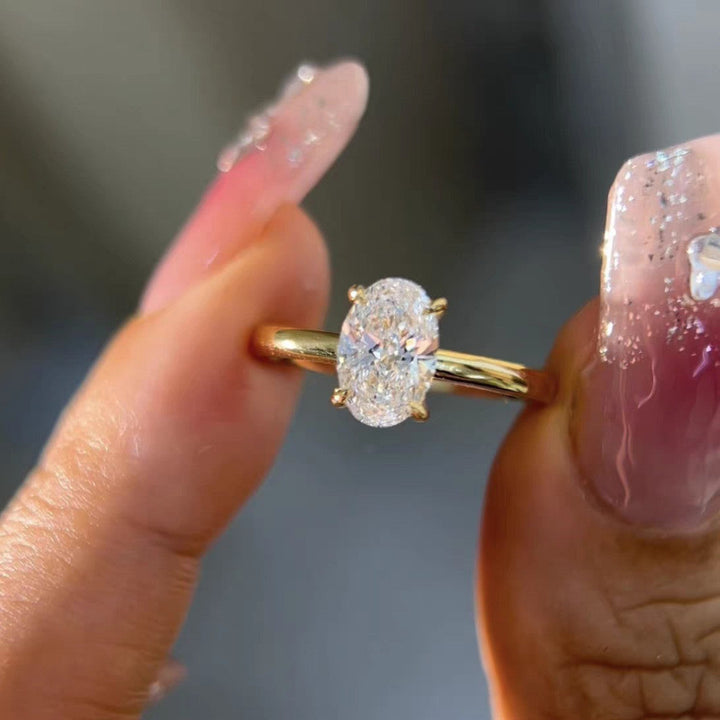 4 Prong Large Oval Diamond Solitaire Engagement Ring, Adjustable Opening Split Shank Promise Ring