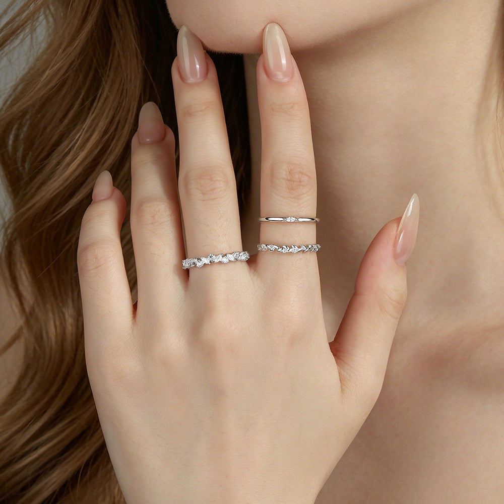 S925 Olive Leaf Stackable Ring, Adjustable Tiny diamond Band Ring for Women