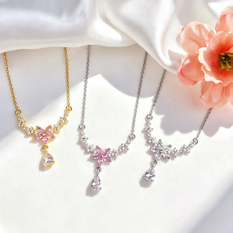 V-Shape Floral Star Teardrop Diamond Necklace, Dainty Collarbone Chain