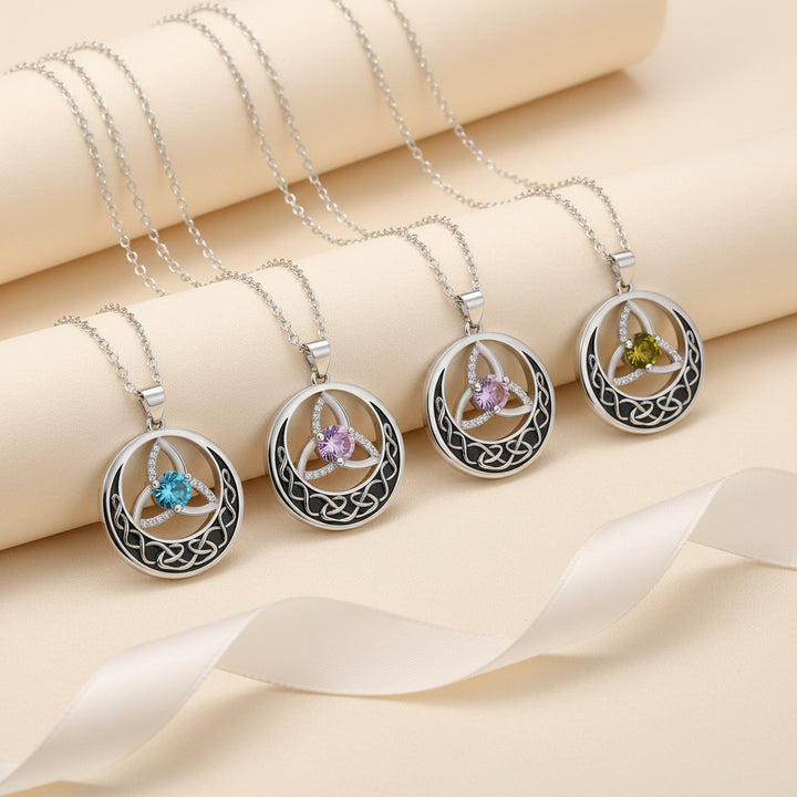 Celtic Trinity Knot Moon Pendant Necklace, S925 Silver, 12 Birthstone Color Options