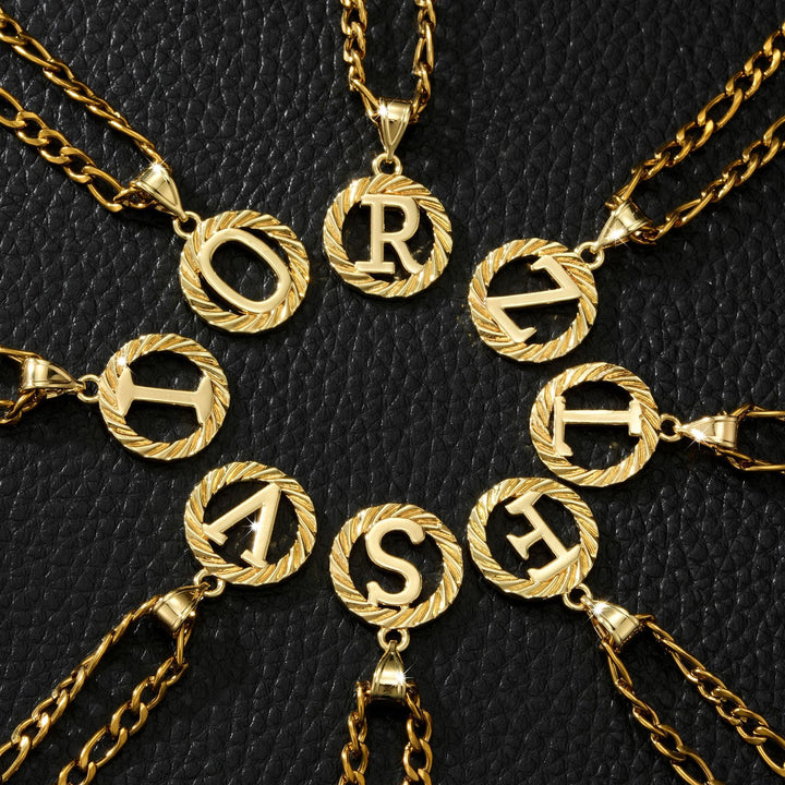 26 Initial Letter Necklace, Twisted Round Alphabet Pendant Figaro Chain for Men Women