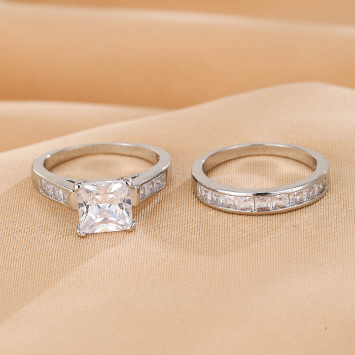 4-Prong Princess Cut Stack Bridal Ring Set, Channel Side Stone Yellow Gold & Silver Classic Wedding Ring