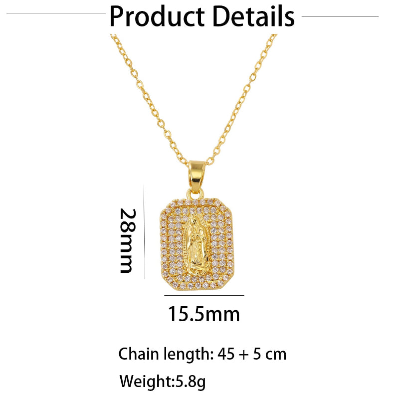 Iced‑Out Virgin Mary Tag Pendant Necklace, Bold, Fully Hip-Hop Style Necklace
