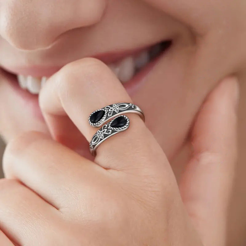 Vintage Flower Open Adjustable Teardrop Gemstone Ring