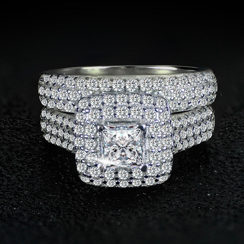Princess Cut Double Halo Full Pave Silver Bridal Stack Ring Set For Engagement Proposals & Wedding