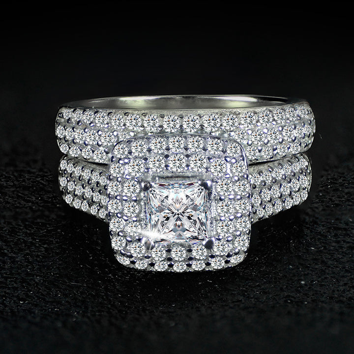Princess Cut Double Halo Full Pave Silver Bridal Stack Ring Set For Engagement Proposals & Wedding
