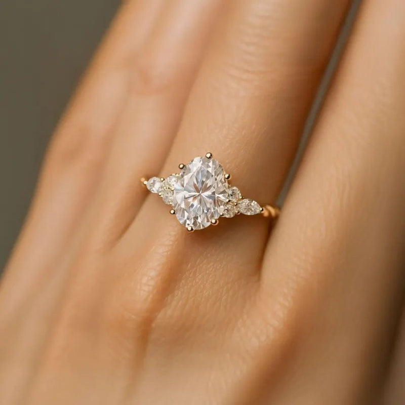 Oval Diamond Three-Stone Twisted Vine Yellow Gold Engagement Ring, Dainty Marquise Cluster Floral Promise Ring